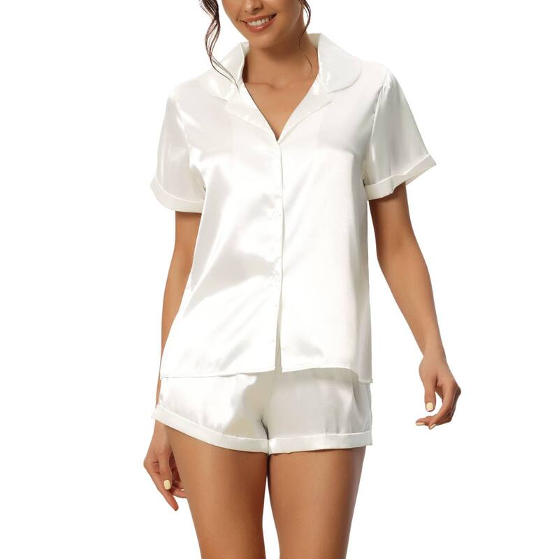 cheibear レディース アンダーウェア ナイトウェア シャツ ショートパンツ サテン cheibear Women Satin Pajama Set Button Short Sleeve Shirt and Shorts Loungwear Sleepwear White ホワイト|ReVida 店