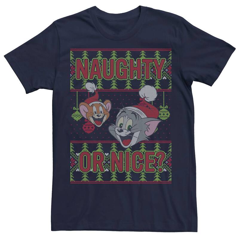 アニメキャラクター メンズ トップス Tシャツ Licensed Character Men's Tom And Jerry Naughty Or Nice Holiday Pattern Tee Navy ネイビー