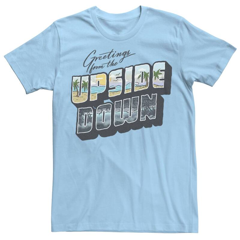 アニメキャラクター メンズ トップス Tシャツ ダウン グラフィック Licensed Character Men'stranger Things Greetings From The Upside Down Graphic Tee Light Blue ブルー