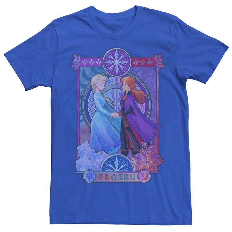 アニメキャラクター メンズ トップス Tシャツ Licensed Character Men's Frozen 2 Elsa & Anna Split Poster Tee Royal