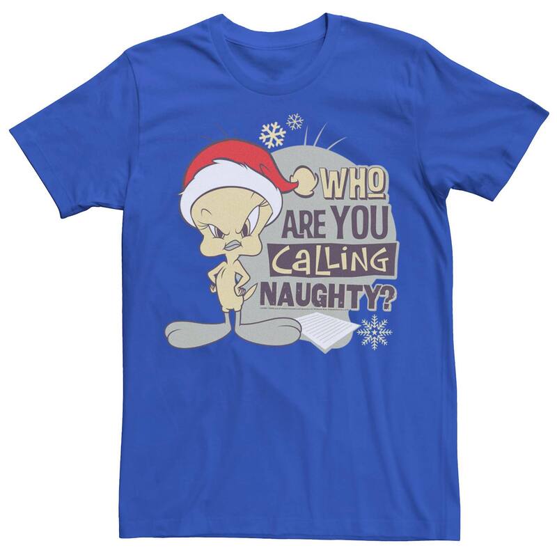 アニメキャラクター メンズ トップス Tシャツ Licensed Character Men's Looney Tunes Christmas Tweety Who Are You Calling Naughty Tee Royal