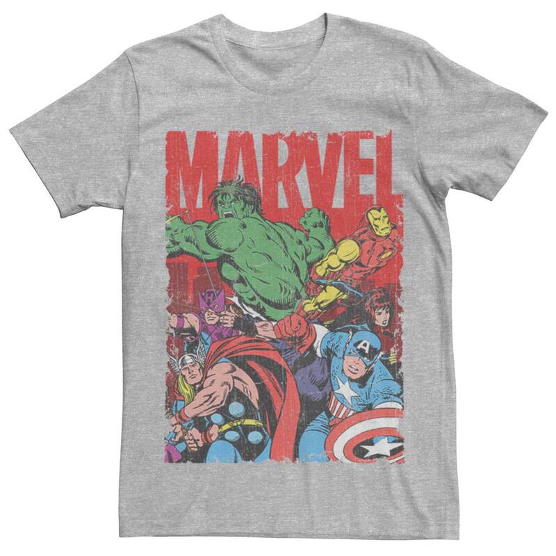 アニメキャラクター メンズ トップス Tシャツ ヴィンテージ ロゴ Licensed Character Men's Marvel's Avengers Vintage Group Shot Logo Tee Athletic Heather ヘザー