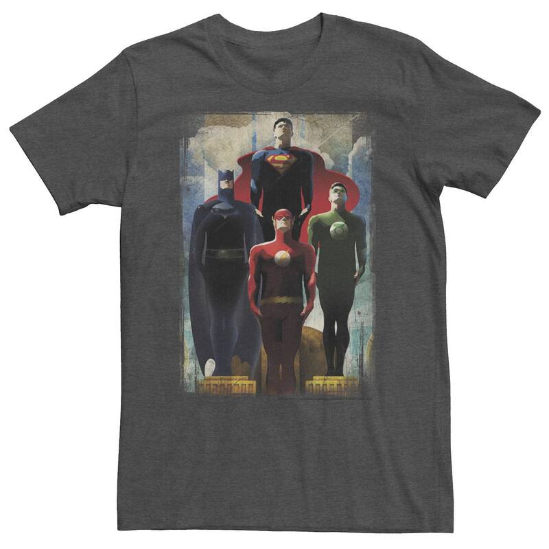 アニメキャラクター メンズ トップス Tシャツ トール Licensed Character Big & Tall DComics Justice League Heroes Look Up Tee Charcoal Heather チャコール