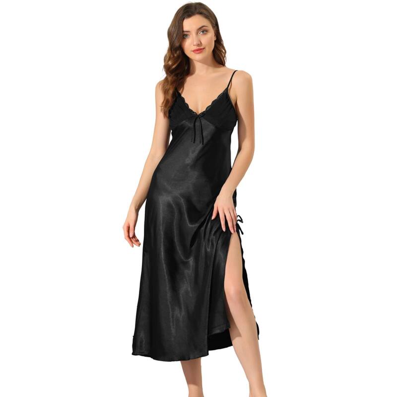 アレグラ ケー レディース アンダーウェア ナイトウェア Vネック ミディ サテン ALLEGRA K Women'satin Pajama V Neck Nightdressoft Midi Lounge Dress Black ブラック