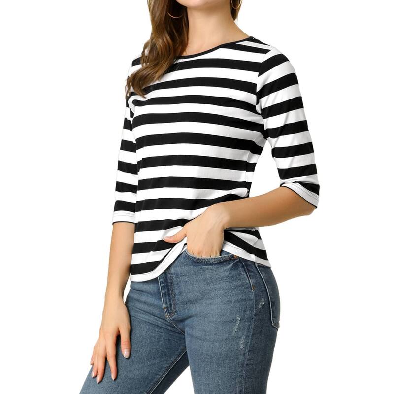 アレグラ ケー レディース トップス シャツ プリント ALLEGRA K Women's Elbow Sleeves Round Neck Casual Printed T-Shirt Black White ホワイト｜ReVida 店