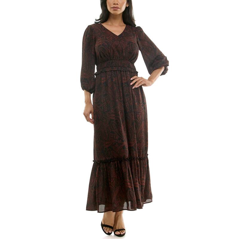 ニナレオナルド レディース トップス ワンピース シフォン プリント マキシ Women's Nina Leonard Chiffon Printed Maxi Dress Paprika Black ブラック