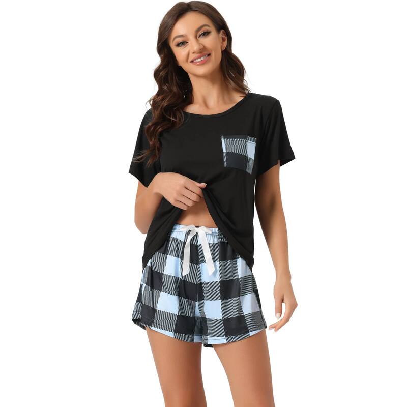 cheibear レディース アンダーウェア ナイトウェア プリント Tシャツ ショートパンツ cheibear Women'sleepwear Short Sleeve T-Shirt with Printed Shorts Pajama Sets Blue ブルー