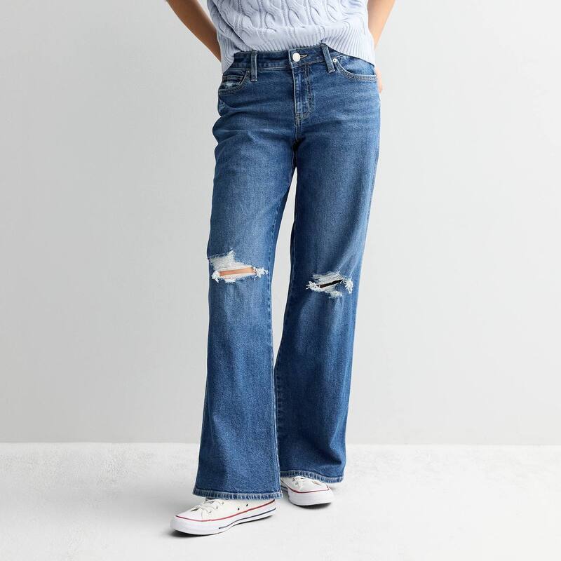 エスオー レディース ボトムス デニムパンツ ローライズ ジーンズ Juniors' SO Low Rise Baggy Jeans Medium Dark Destructed|ReVida 店