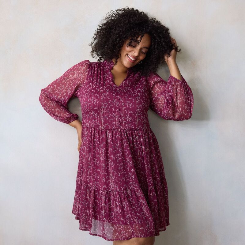 LC Lauren Conrad レディース トップス ワンピース ティアード プラスサイズ シャツ Plusize LC Lauren Conrad Babydoll Tiered Shirtdress Wine Flowy Fleurs ワイン