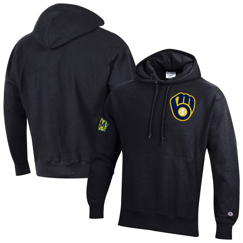 はやりっ子 メンズ アウター パーカー・スウェット Men\u0027s Champion Black Milwaukee Brewers Reverse Weave Chenille Hoodie Brw Black 黒いこと