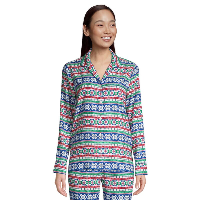 ランズエンド レディース アンダーウェア ナイトウェア Women's Lands' End Long Sleeve Flannel Pajama Top Ivory Cobalt Fairisle アイボリー