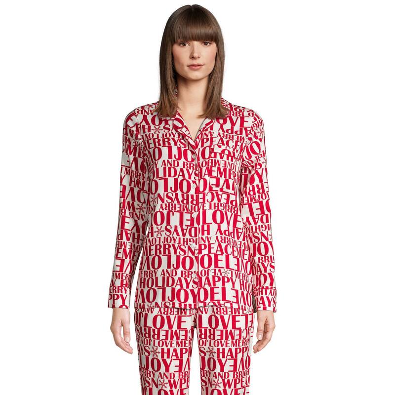 ランズエンド レディース アンダーウェア ナイトウェア Women's Lands' End Long Sleeve Flannel Pajama Top Ivory Greetings アイボリー