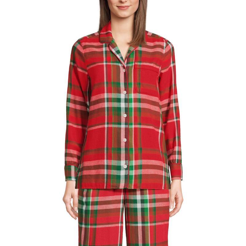 ランズエンド レディース アンダーウェア ナイトウェア Women's Lands' End Long Sleeve Flannel Pajama Top Red Emerald Plaid レッド