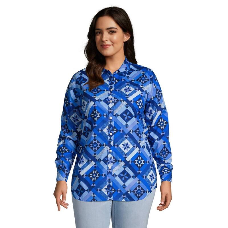 ランズエンド レディース トップス シャツ プラスサイズ Plusize Lands' End Roll-Tab Poplin Boyfriend Tunic Shirt Navy Prosperity Quilt ネイビー