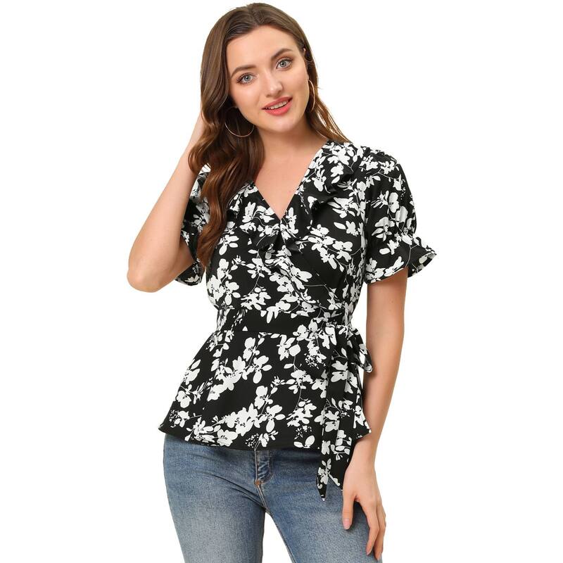 アレグラ ケー レディース トップス シャツ Vネック フラワー柄 フリル ブラウス フラワー ALLEGRA K Women's Wrapeplum Top Blouse Summer Floral Short Sleeve Ruffle V Neck Belted Shirts Black White ホワイト