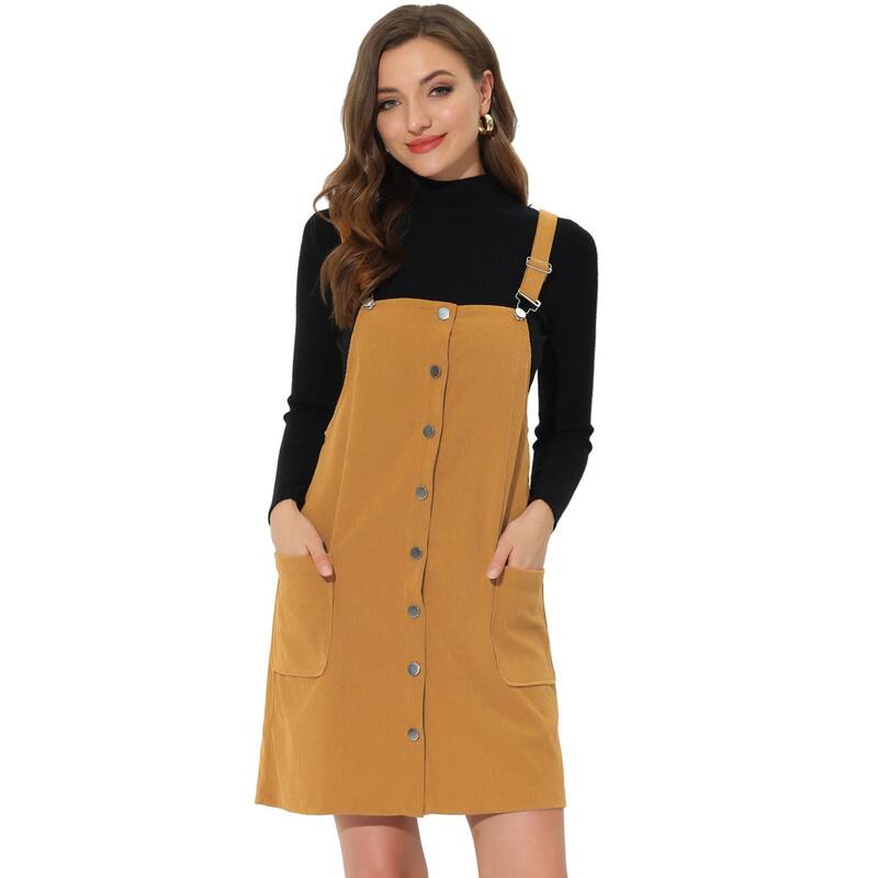 アレグラ ケー レディース トップス ワンピース コーデュロイ オーバーオール ALLEGRA K Women's Corduroy Straps Pinafore Button Decor Overall Dress Mustard マスタード