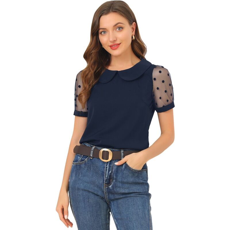 アレグラ ケー レディース トップス シャツ ヴィンテージ ドット メッシュ ブラウス ALLEGRA K Women's Peter Pan Collar Topuff Short Sleeve Vintage Polka Dots Mesh Sleeve Blouse Navy Blue ネイビー