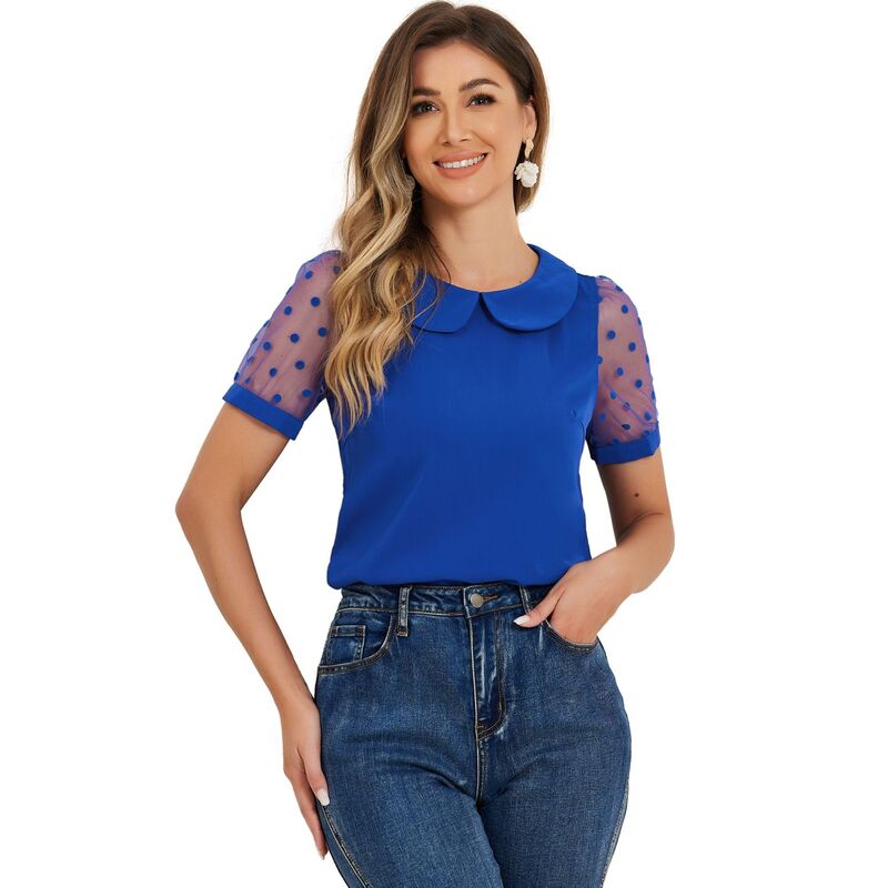 アレグラ ケー レディース トップス シャツ ヴィンテージ ドット メッシュ ブラウス ALLEGRA K Women's Peter Pan Collar Topuff Short Sleeve Vintage Polka Dots Mesh Sleeve Blouse Royal Blue ブルー
