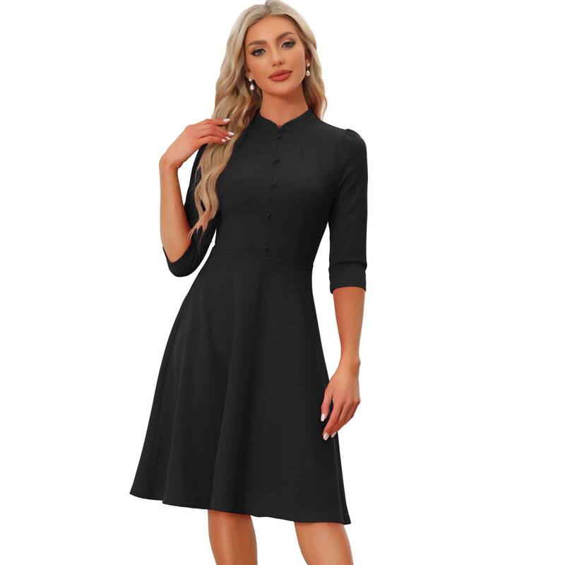 アレグラ ケー レディース トップス ワンピース A ライン ALLEGRA K Sheath Dresses for Women's 3/4 Sleevestand Collar Elegant Business A-Line Dress Black ブラック｜ReVida 店