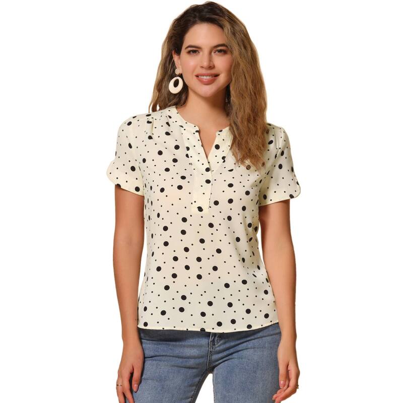 アレグラ ケー レディース トップス シャツ Vネック プリント ブラウス ALLEGRA K Women's Dots Printed V Neck Short Sleeve Work Office Blouse Top Beige ベージュ