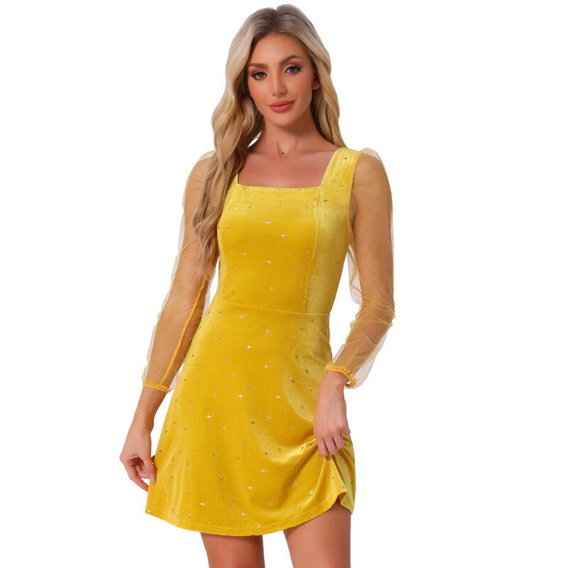 アレグラ ケー レディース トップス ワンピース メッシュ ベルベット シアー ALLEGRA K Women's Mesheer Long Sleeve Square Neck Velvet Star Prom Dress Yellow イエロー｜ReVida 店 13,665円