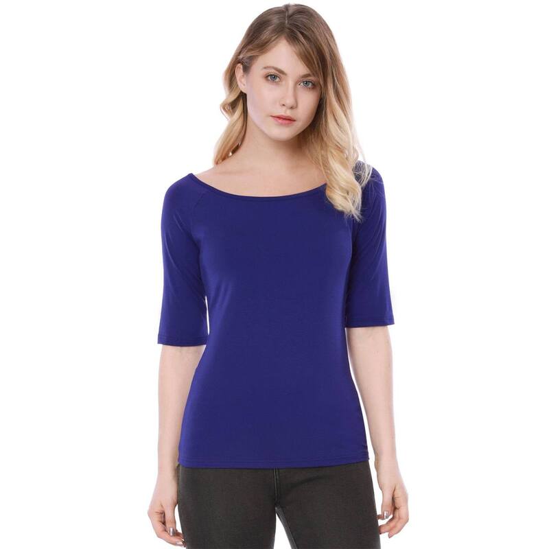 アレグラ ケー レディース トップス シャツ ALLEGRA K Women's Half Sleevescoop Neck Fitted Layering Top T-Shirt Blue ブルー