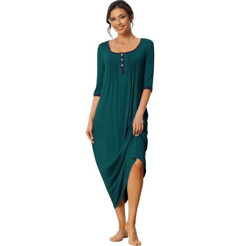 cheibear レディース アンダーウェア ナイトウェア シャツ cheibear Women'sleepwear Lounge Long Dress with Pocketsoft Nightshirt Pajama Nightgown Green グリーン