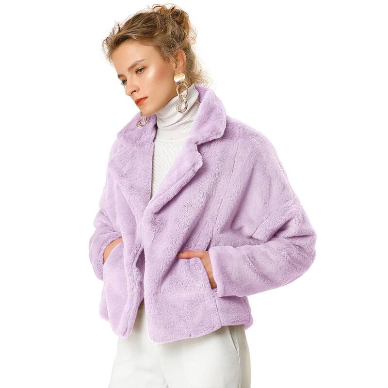 アレグラ ケー レディース アウター 上衣・上衣 厚地の外套 クロップド ALLEGRA K Women\u0027s Cropped Jacket Notch Lapel Faux Fur Fluffy Coataro Purple パープル