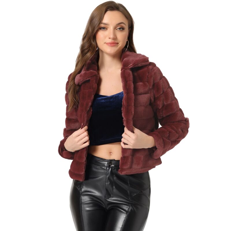 アレグラ ケー レディース アウター 上衣・上衣 落ち込む クロップド ALLEGRA K Women\u0027s Faux Fur Turn Down Collar Open Front Cropped Fluffy Jacket Burgundy バーガンディ