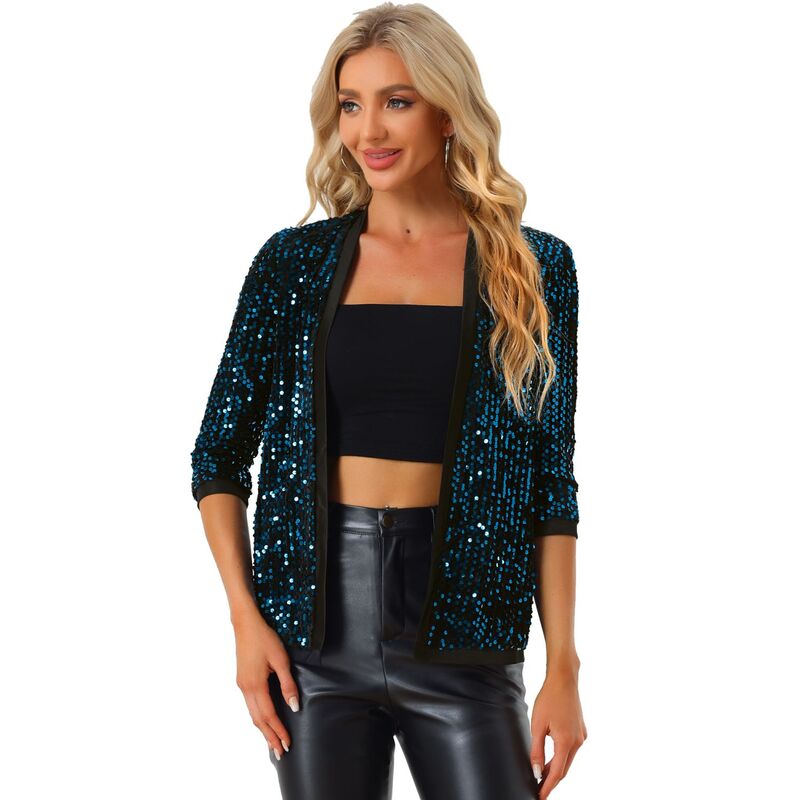アレグラ ケー レディース アウター ジャケット・ブルゾン ベルベット スパンコール カーディガン ALLEGRA K Womenhiny Sequin Open Front Collarless 3/4 Sleevelvet Cardigan Blue ブルー