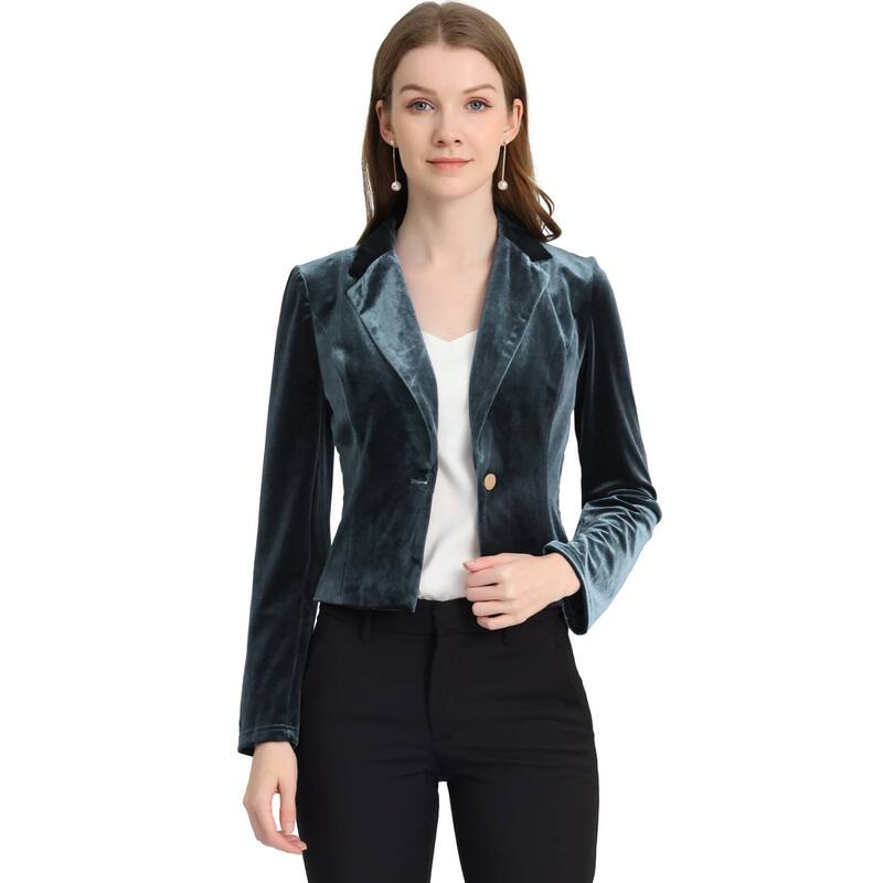 アレグラ ケー レディース アウター ジャケット・ブルゾン ベルベット ブレザー ALLEGRA K Women's Velvet Notched Lapelong Sleeve Button Work Blazer Grey Blue グレー