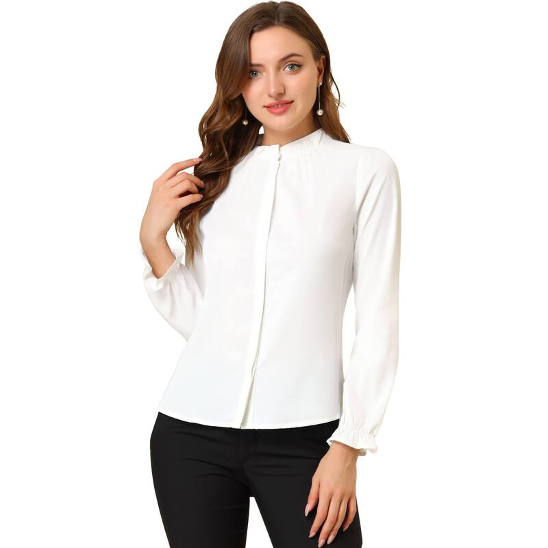 アレグラ ケー レディース トップス シャツ ボタンダウン フリル ダウン ブラウス ALLEGRA K Women Ruffled Trim Button Down Stand Collar Long Sleeve Blouse Top White ホワイト