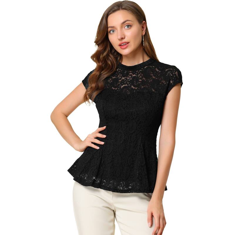 アレグラ ケー レディース トップス シャツ フラワー柄 ノースリーブラウス レース フラワー ALLEGRA K Women's Lace Floral Crochet Round Neck Sleeveless Peplum Blouse Top Black ブラック