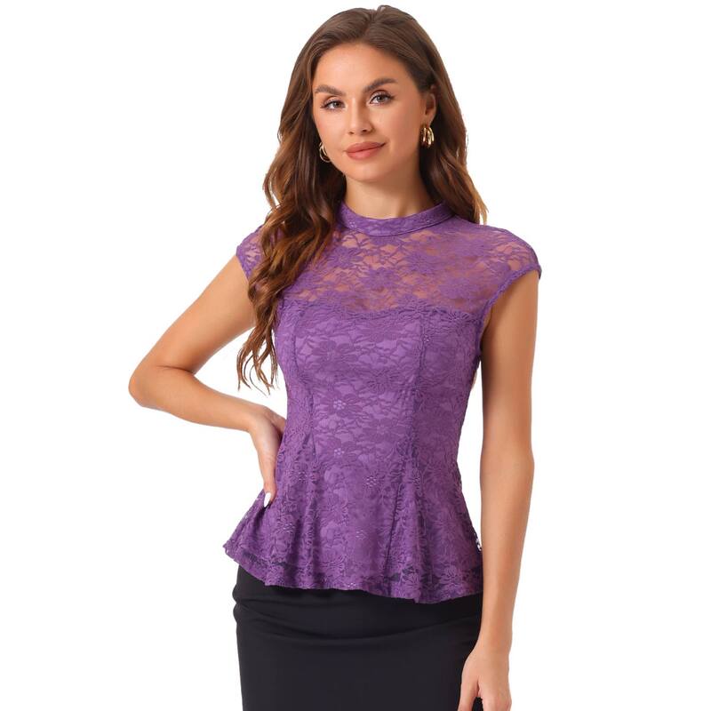 アレグラ ケー レディース トップス シャツ フラワー柄 ノースリーブラウス レース フラワー ALLEGRA K Women's Lace Floral Crochet Round Neck Sleeveless Peplum Blouse Top Dark Purple パープル