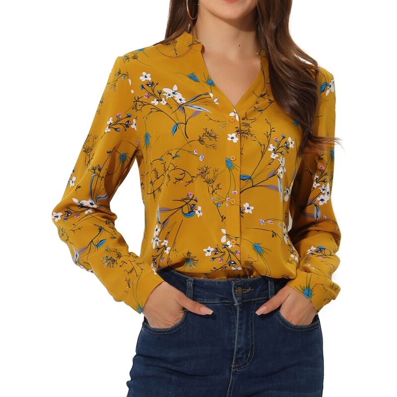アレグラ ケー レディース トップス シャツ Vネック ボタンダウン フラワー柄 ダウン ブラウス フラワー ALLEGRA K Women's Button Down V Neck Long Sleeve Floral Blouse Yellow イエロー｜ReVida 店