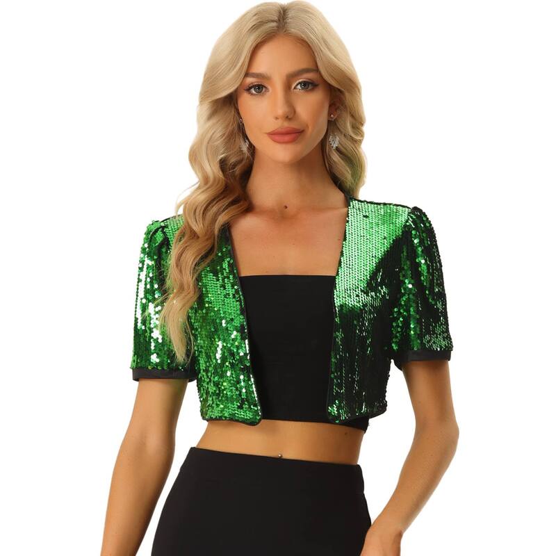 アレグラ ケー レディース アウター 上衣・上衣 スパンコール クロップド ALLEGRA K Sequin Shrug for Women\u0027short Sleeve Open Front Glitter Cropped Jackets Green 緑であること
