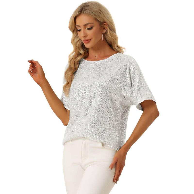 アレグラ ケー レディース トップス シャツ ブラウス ALLEGRA K Women's Round Neck Short Sleeve Party Clubwear Blousesilver シルバー 12,525円