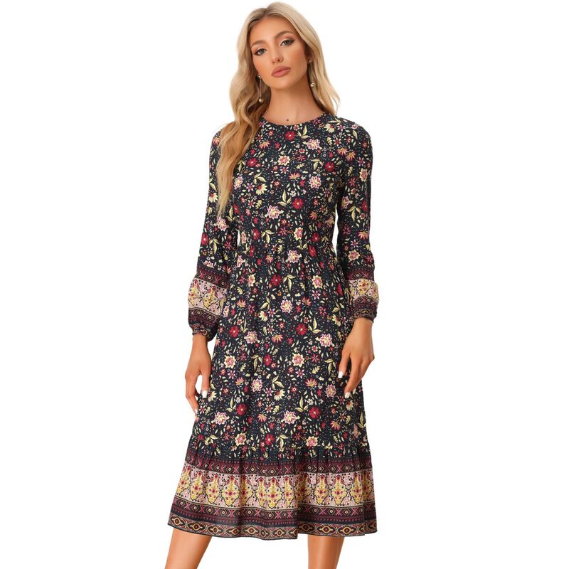 アレグラ ケー レディース トップス ワンピース フラワー柄 マキシ フラワー ALLEGRA K Women's Boho Floralong Sleeves Maxi Dress Black ブラック