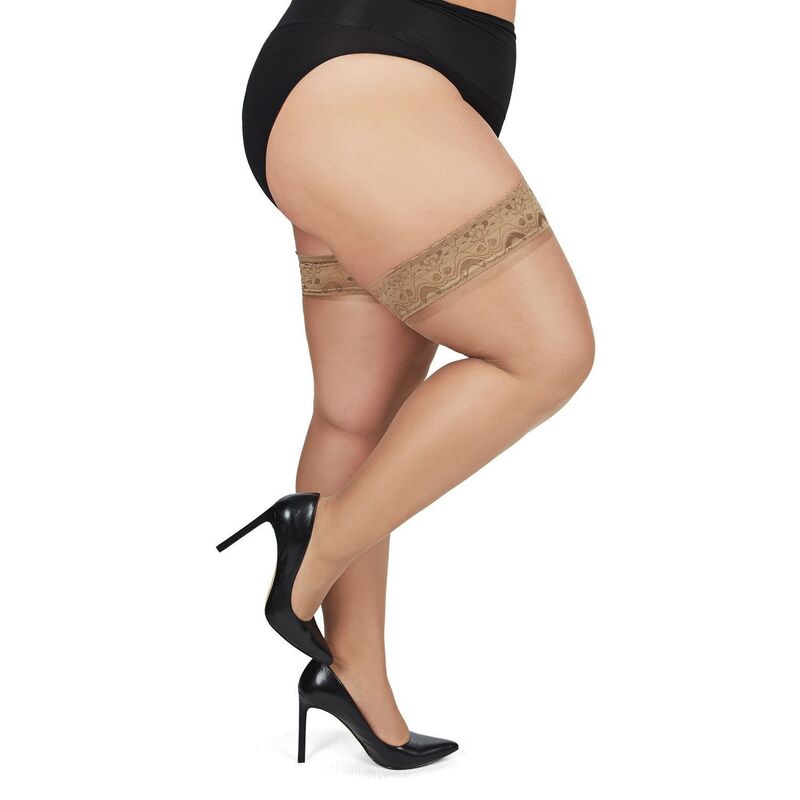 メモイ レディース アンダーお召しもの ソックス 足し加える大きさ シアー 絹地 スピード競技 MeMoi Plusize Curvy Silky Sheer Lace Top Thigh Stocking City Beige ベージュ