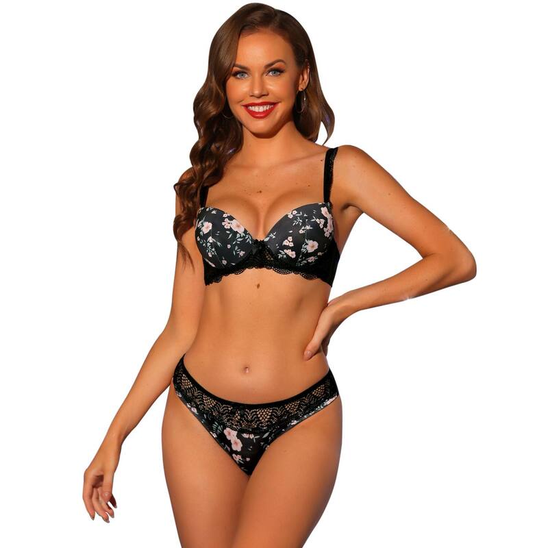 アレグラ ケー レディース アンダーお召しもの ブラ スピード競技 ALLEGRA K Women\u0027s Lingerie Set Adjustable Straps Lace Underwired Bras and Panties Black Floral 黒いこと ブラジャー-インナー・下着・ナイトウェア-レディース