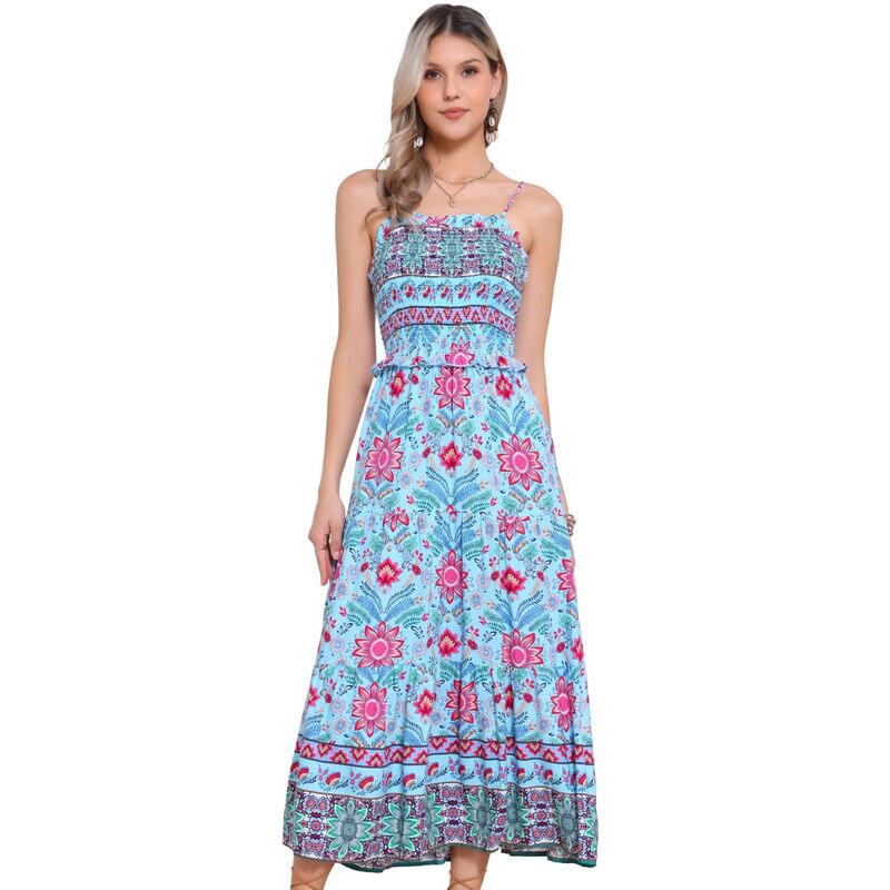 アレグラ ケー レディース トップス ワンピース A ライン フラワー柄 シャーリング マキシ フラワー ALLEGRA K Boho Floral Dresses For Women Summer Spaghetti Strap A-line Flowy Smocked Maxi Dress Light Blue ブルー