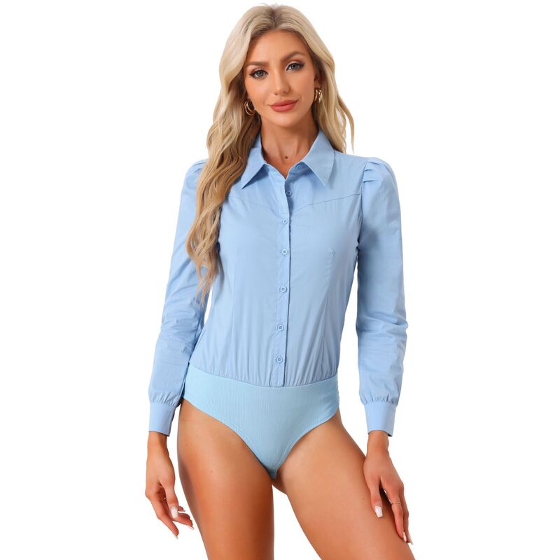 アレグラ ケー レディース トップス シャツ ボタンダウン ボディースーツ ALLEGRA K Leotard Shirt For Women Collared Business Casual Button Down Long Sleeves Bodysuitop Light Blue ブルー