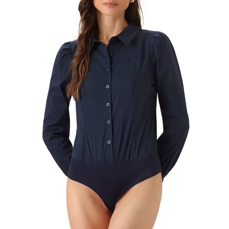 アレグラ ケー レディース トップス シャツ ボタンダウン ボディースーツ ALLEGRA K Leotard Shirt For Women Collared Business Casual Button Down Long Sleeves Bodysuitop Navy Blue ネイビー