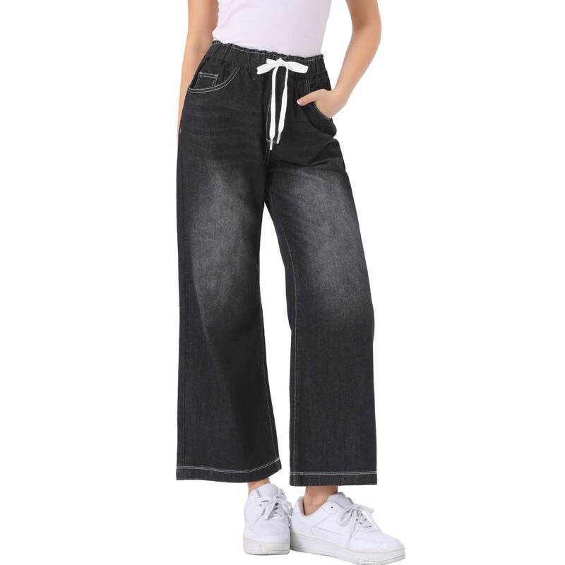 アレグラ ケー レディース ボトムス ジーンズズボン下 デニム ALLEGRA K Casual Denim Pants For Women Drawstring Elastic Waist Wide Legs Jeans Black 黒いこと
