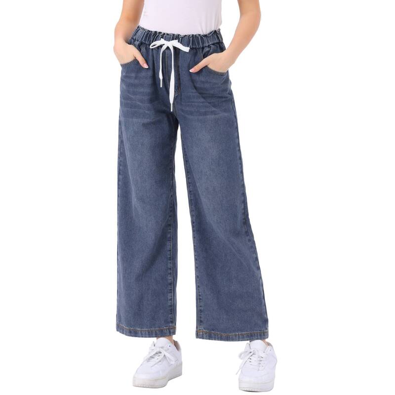アレグラ ケー レディース ボトムス ジーンズズボン下 デニム ALLEGRA K Casual Denim Pants For Women Drawstring Elastic Waist Wide Legs Jeans Grey Blue 薄墨色