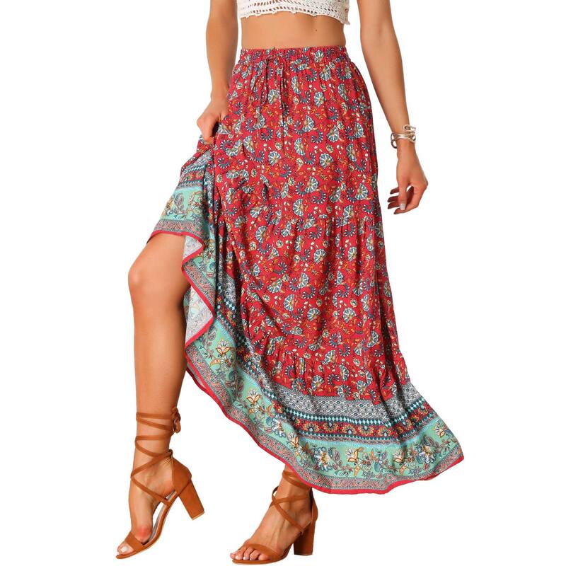 アレグラ ケー レディース ボトムスカート フラワー柄 プリント マキシ フラワー ALLEGRA K Women's Boho Skirt Casual Floral Printed Elastic Waist Maxi Skirts Red レッド|ReVida 店