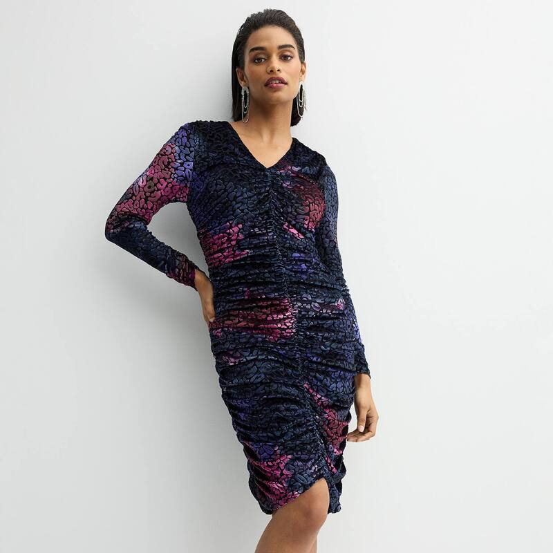 ニコル銀鏡 レディース トップス 衣装 毛の荒物柄 刷り上げる 天鵞絨 Women\u0027s Nicole Miller Animal Print Burn-Out Velvet Bodycon Dress Navy Violet Multi 米国海軍