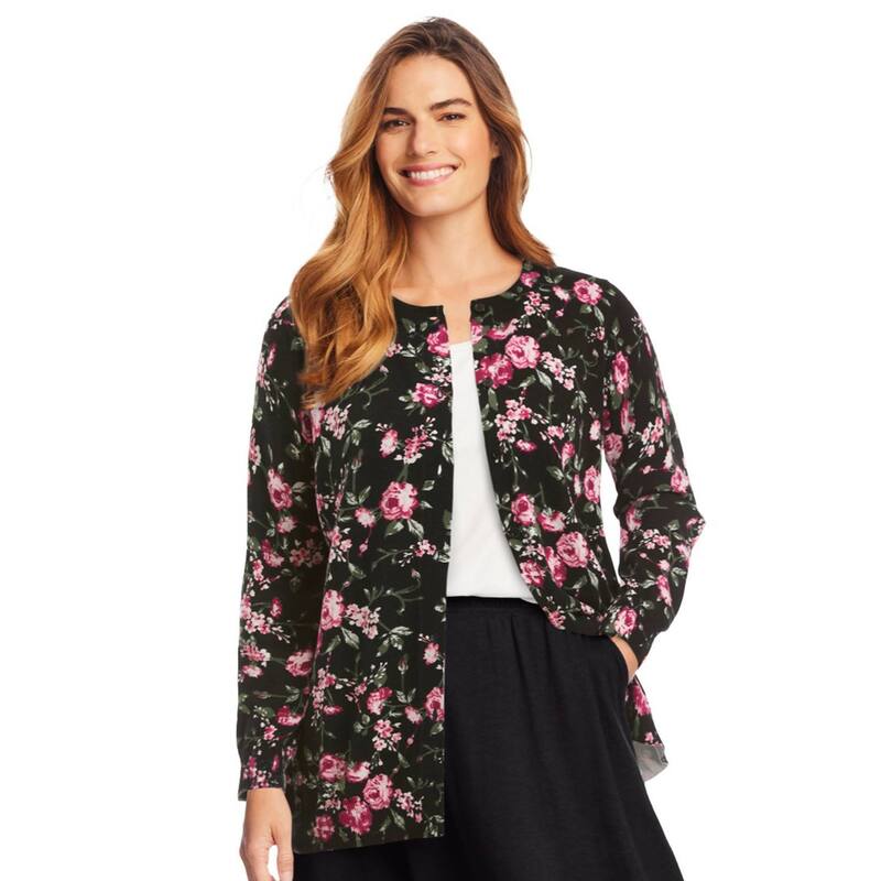 ウーマン ウィズイン レディース アウター ニット・セーター プラスサイズ カーディガン 長袖 Woman Within Plusize Perfect Long-Sleeve Cardigan Sweater Black Floral ブラック