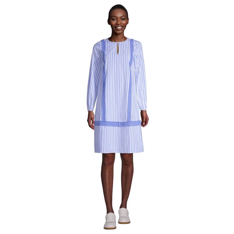 ランズエンド レディース トップス ワンピース Women's Lands' End Poplin Relaxed-Fit Splitneck Dress Chicory Blue Stripe ブルー|ReVida 店