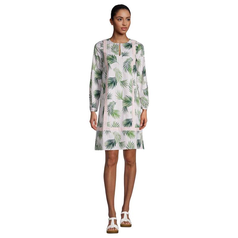 ランズエンド レディース トップス ワンピース Women's Lands' End Poplin Relaxed-Fit Splitneck Dress White Pink Palm ホワイト